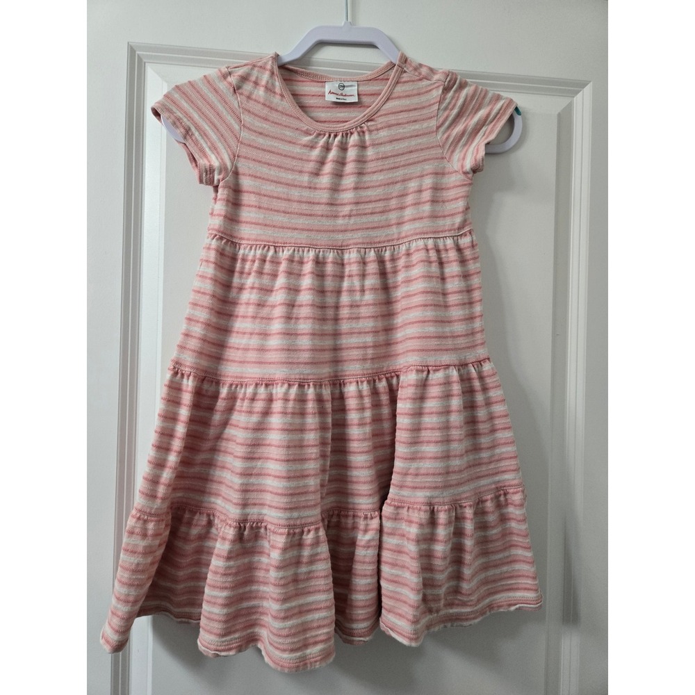 Hanna Andersson Girls Pink Striped Pima Cotton Tiered Short Sleeve Dress Size 7